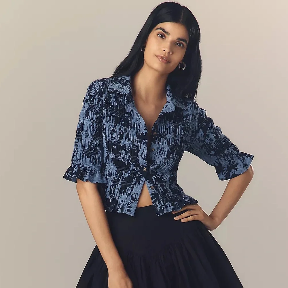 Anthropologie Maeve Smocked Button-Front Top - Picture 3 of 6